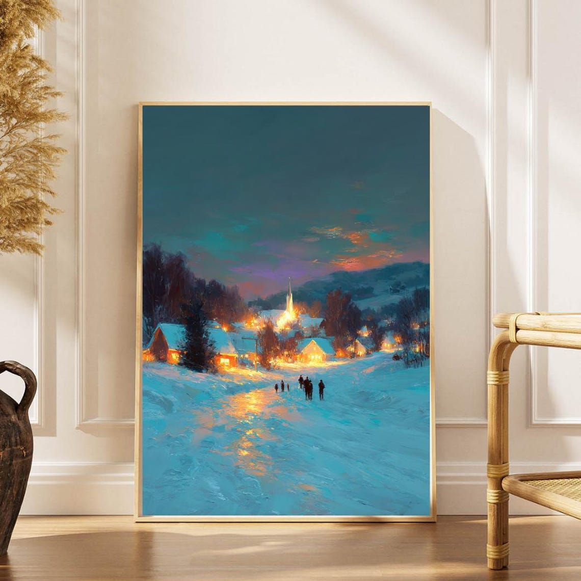Snowy Village Church Dusk Winter Evening Impressionist Wall Art
