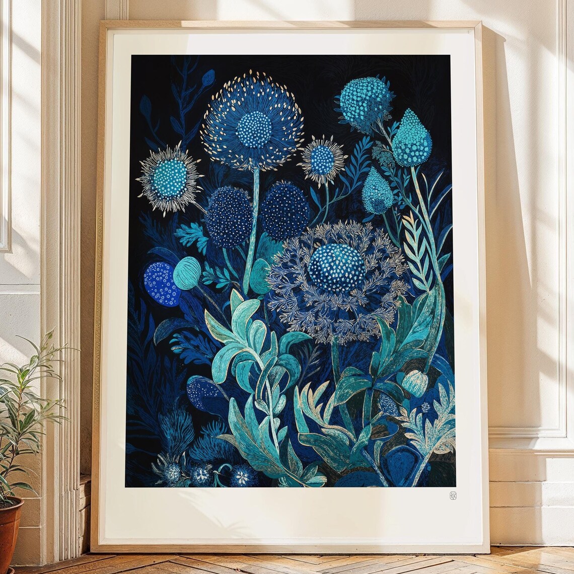 Blue Flowers Rustic Botanical Block Print Art Print
