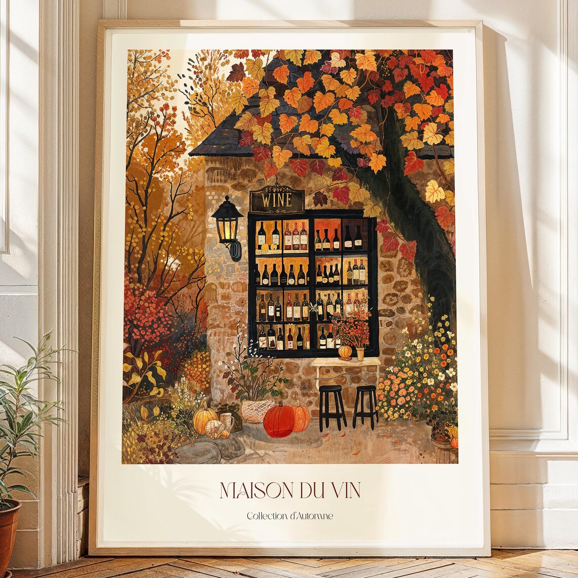 Autumn Wine Shop Art Print, Cozy French Illustration