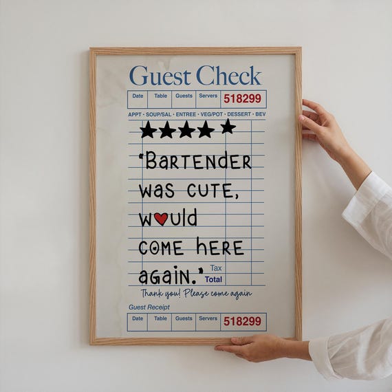 Bartender Was Cute Guest Check Poster Trendy Wall Art Prints Kitchen Decor Living Room Modern Apartment Love Heart Girly Print
