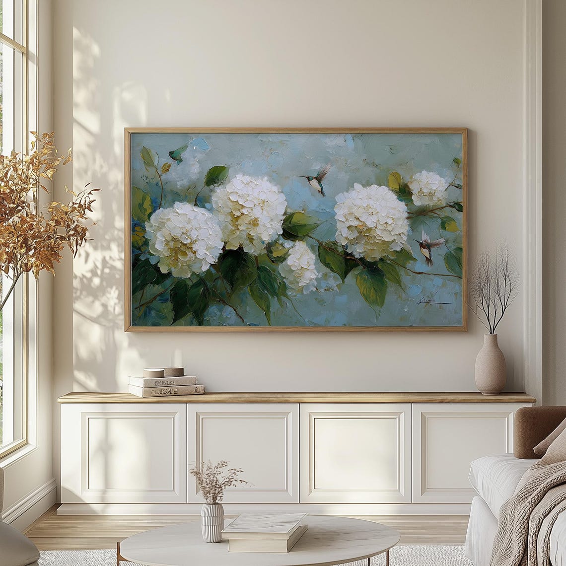 White Hydrangea Flowers Hummingbirds Impressionist Art Poster