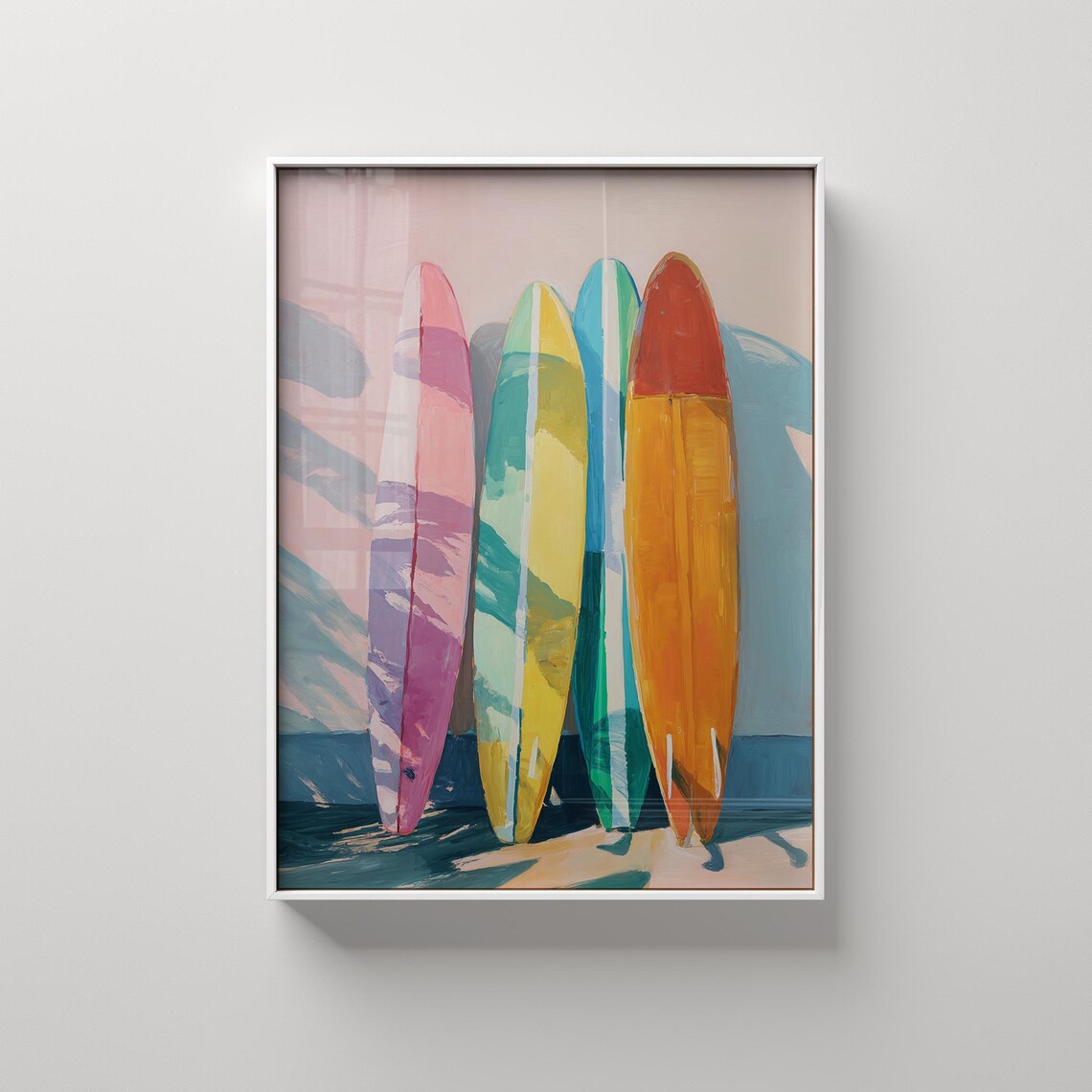 Colorful Surfboards Against Pastel Wall Trendy Coastal Beach Decor Wall Art