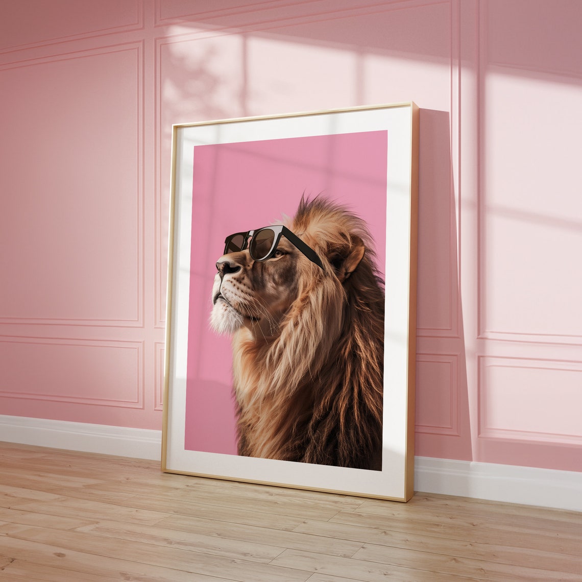 Cool Lion Sunglasses Pink Background Trendy Playful Animal Poster