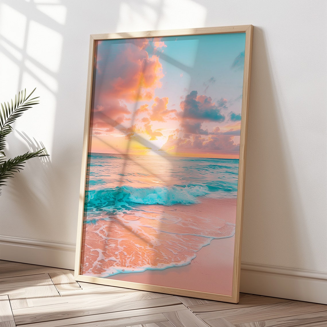 Pink Orange Sunset Ocean Waves Serene Beach Photography Poster