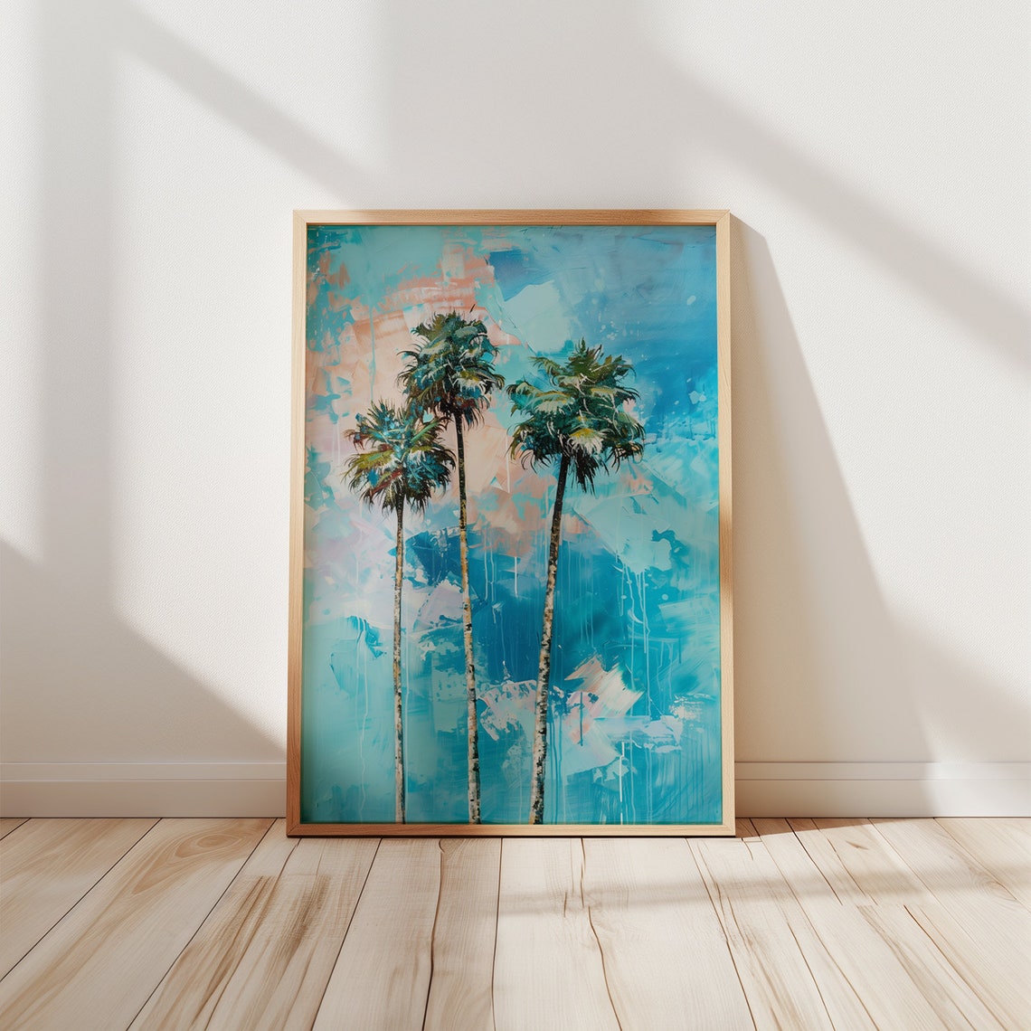 Tall Blue Palm Trees Turquoise Coastal Abstract Painting Wall Poster