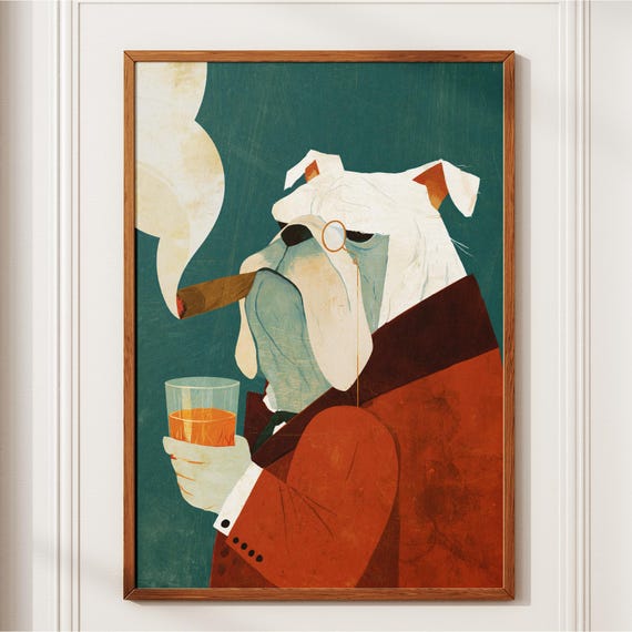 English Bulldog Smoking Cigar With Whiskey Vintage Poster Art Retro Whimsical Gentleman Dog Portrait Funny Bar Wall Decor Lover Gift