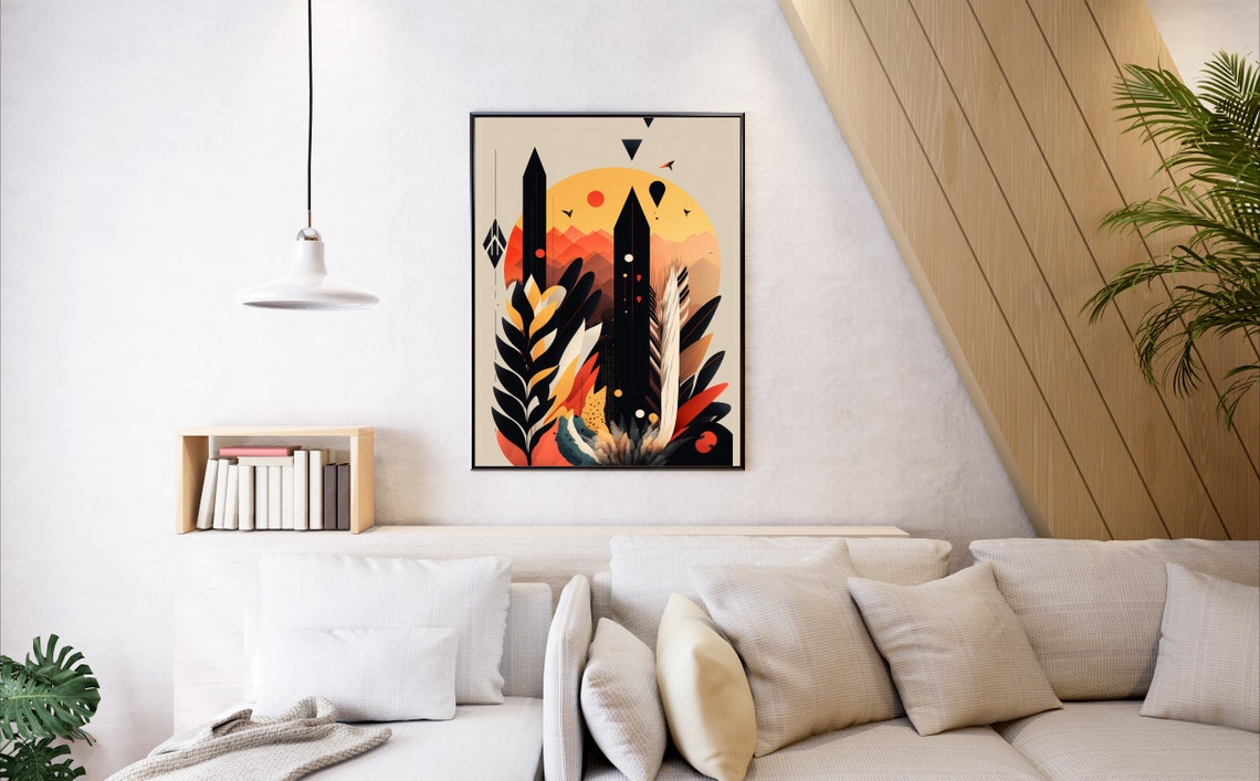 Abstract Geometric Sunset Black Feathers Hot Air Balloon Poster - Image 3