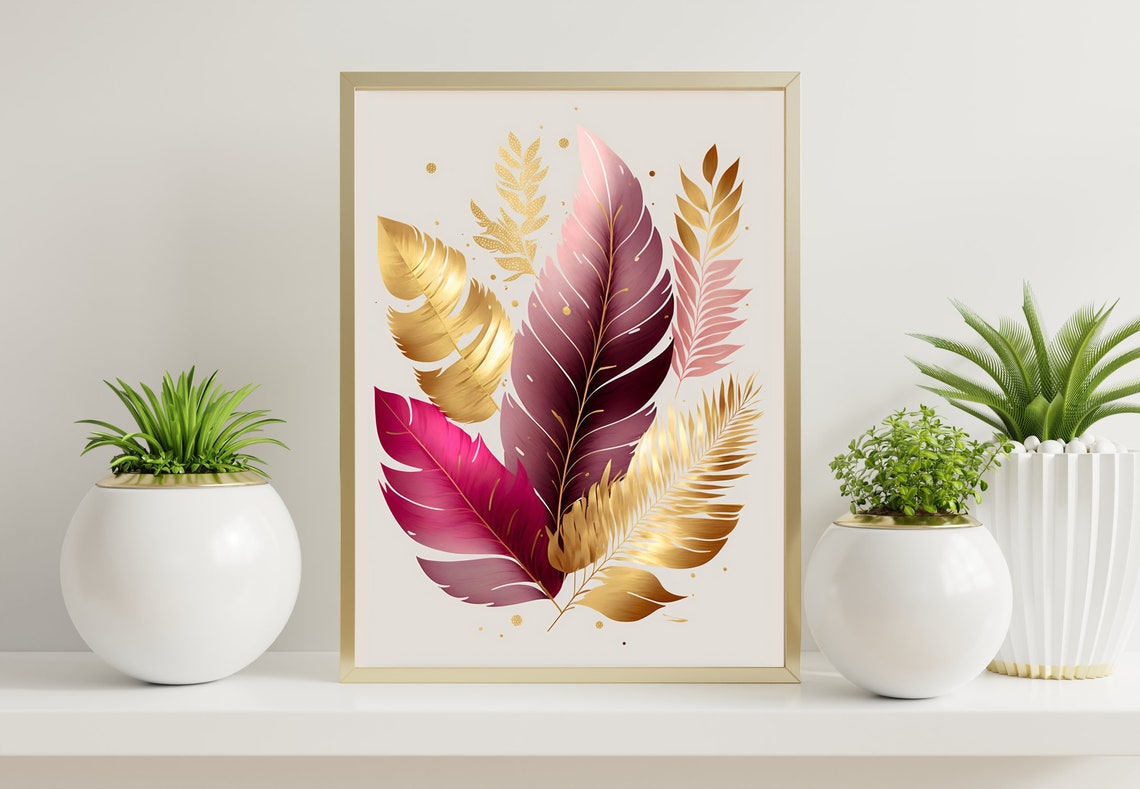 Magenta Gold Feather Bouquet Blush Elegant Girly Room Poster - Image 3