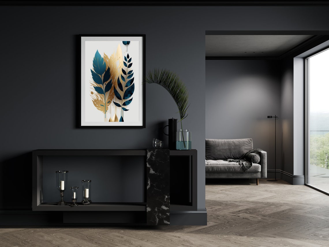 Teal Gold Abstract Leaf Sprigs Glam Botanical Modern Art Poster - Image 2