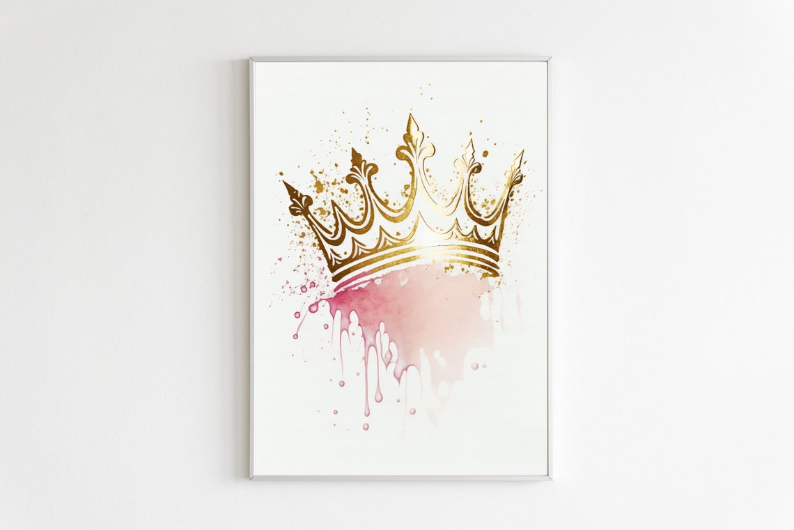 Pink Gold Watercolor Crown Queen Sparkle Feminine Room Poster