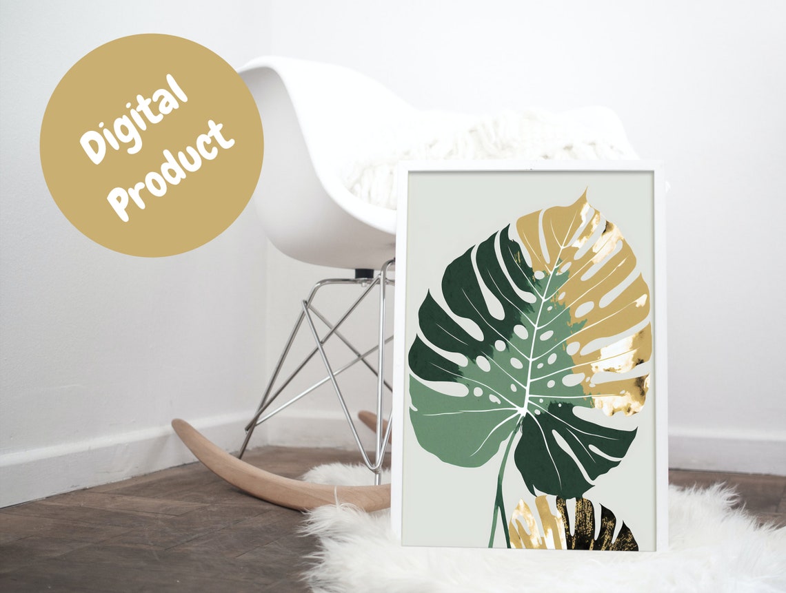 Minimalist Monstera Leaf Green and Gold Botanical Line Art Poster - Image 3