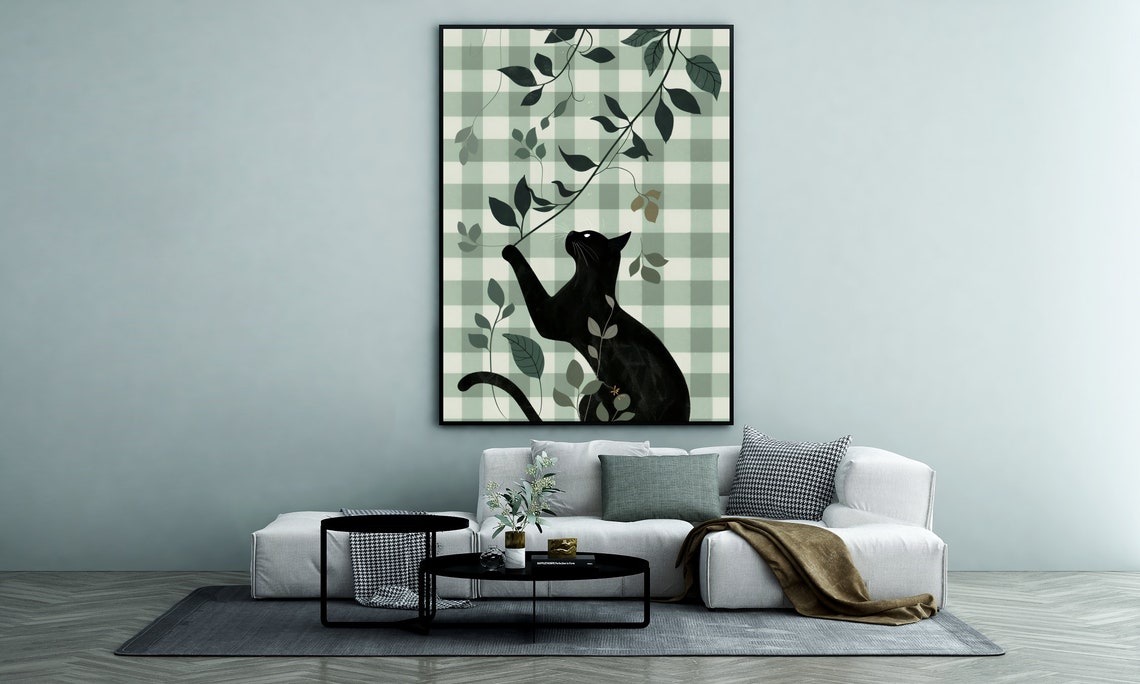 Sage Green Gingham Black Cat Botanical Leafy Chic Vintage Poster - Image 3