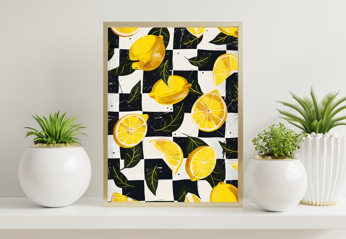 Yellow Lemons Checkered Background Trendy Kitchen Fruit Art Poster - Image 2