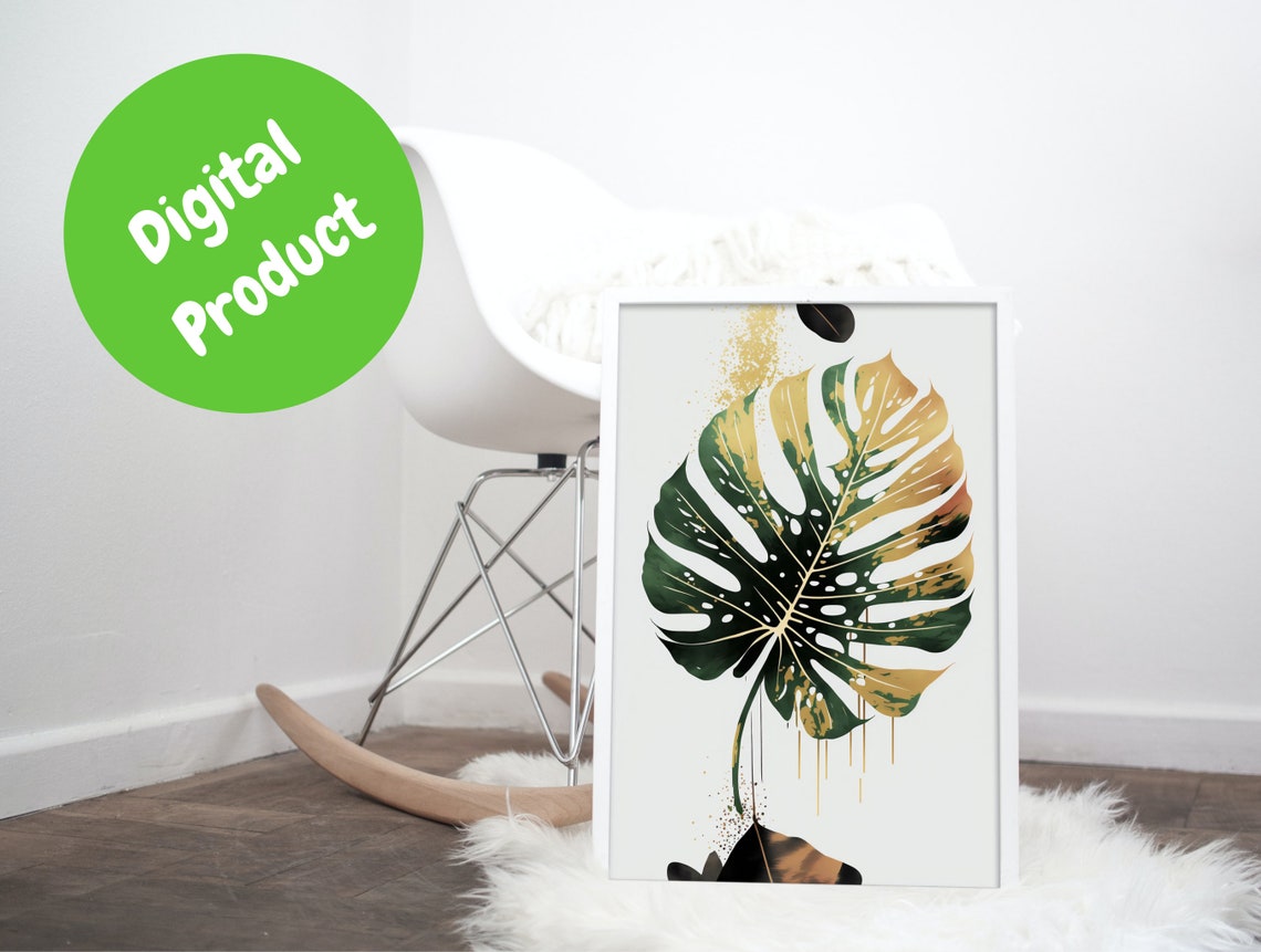 Green and Gold Monstera Leaf Minimalist Botanical Watercolor Poster - Image 3