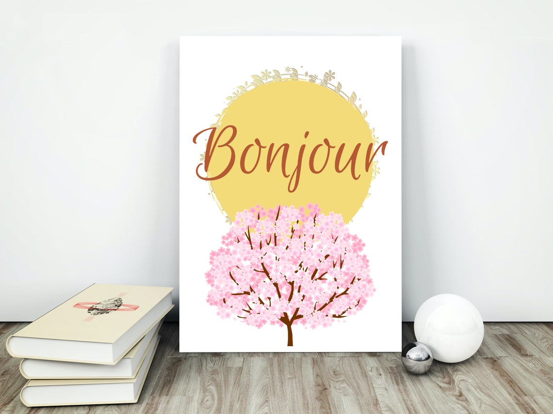 Bonjour Cherry Blossom Tree Under Golden Sun Decor Art Poster