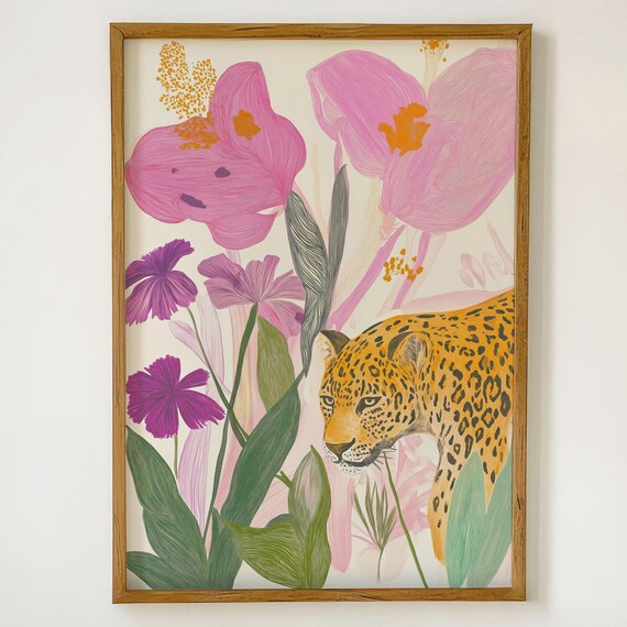 Leopard In Floral Paradise Art Print Jungalow Animal Wall Decor Dreamy Jungle Botanical Poster Bedroom