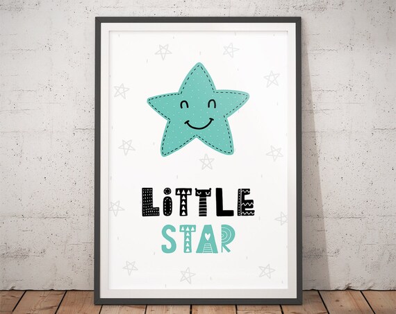 Little Star Smiling Face Mint Nursery Poster Scandi Kids Room Wall Decor