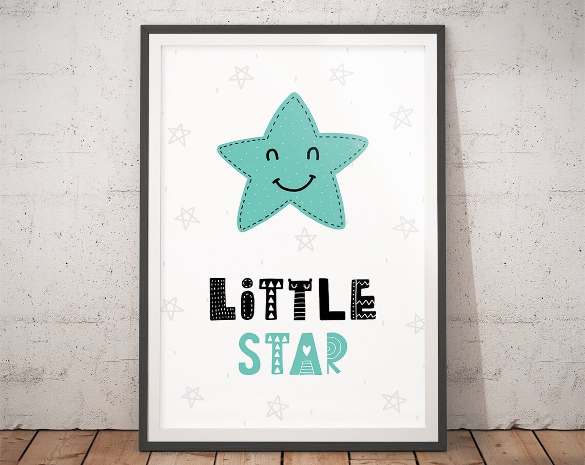 Little Star Smiling Face Mint Nursery Poster Scandi Kids Room Wall Decor