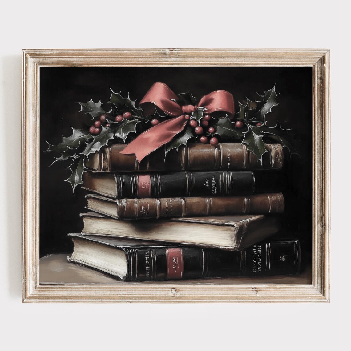 Stack Of Vintage Books With Holly Berries And Bow Christmas Poster