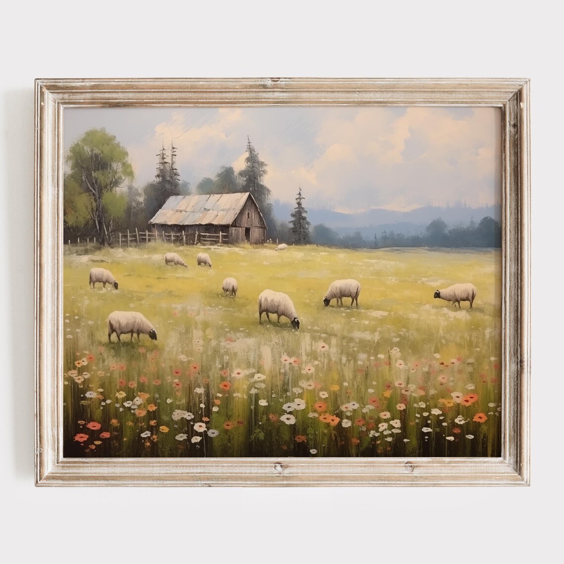 Sheep Grazing in Flower Meadow with Barn Vintage Country Poster