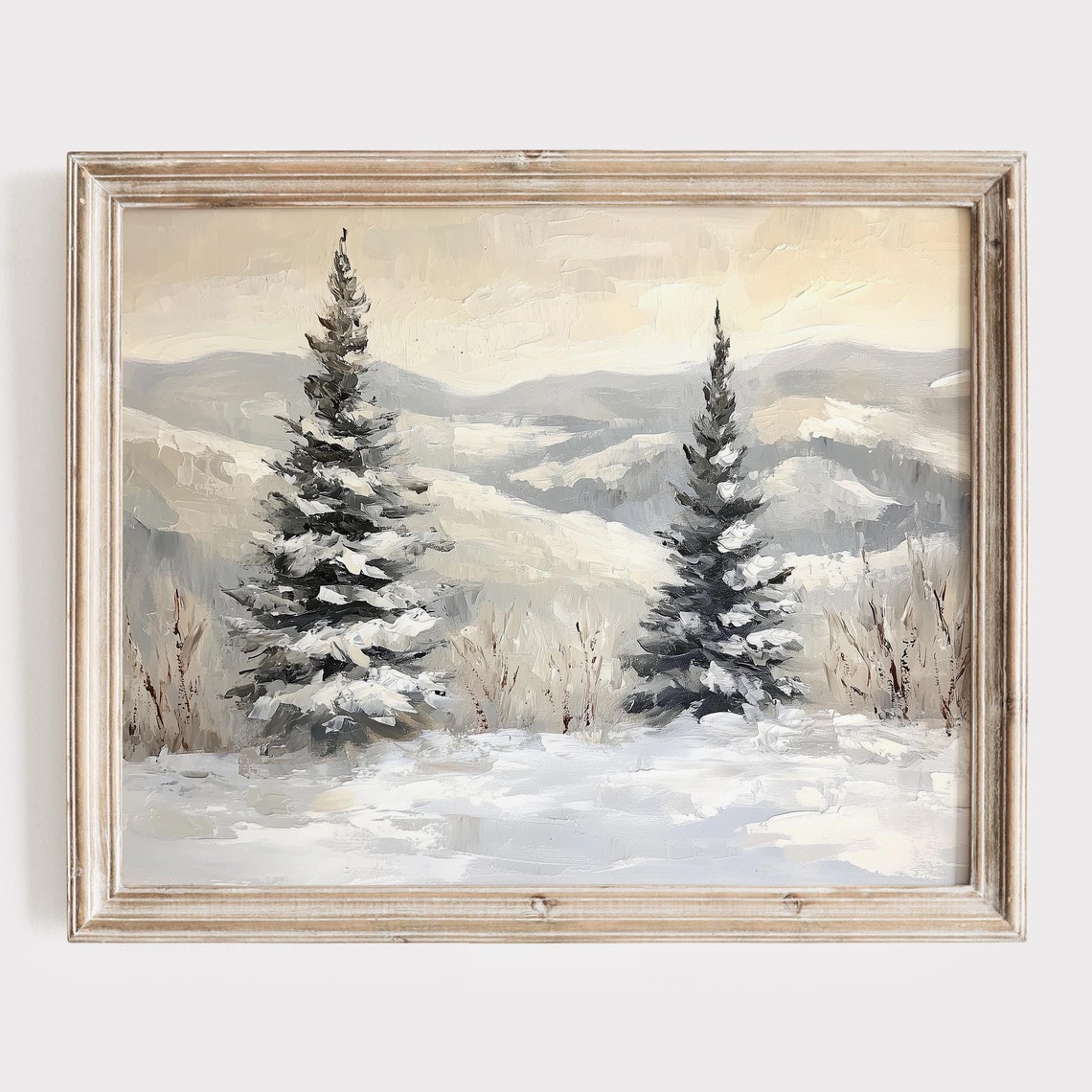 Two Snowy Evergreens Mountain Backdrop Winter Painting Poster