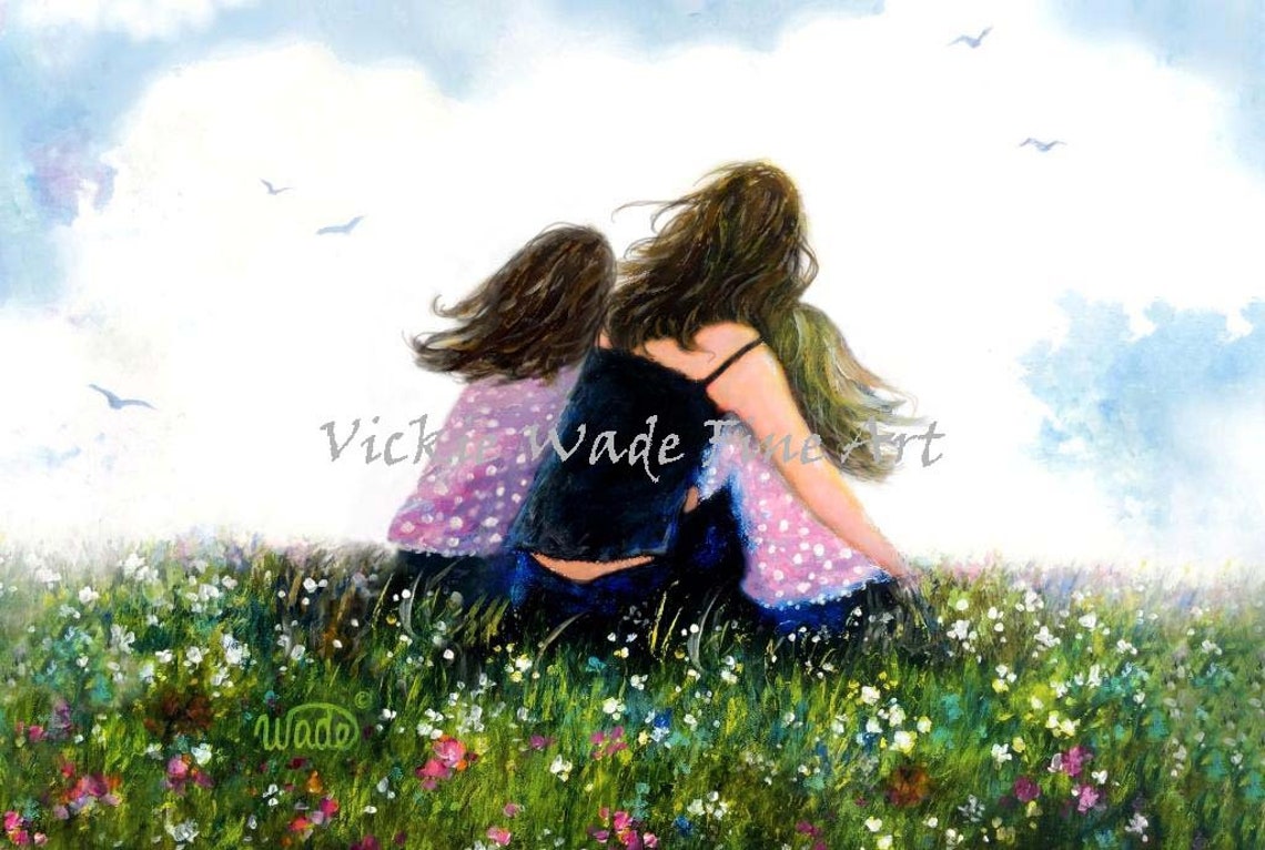 Mother Hugging Two Daughters in a Wildflower Meadow From Behind Poster