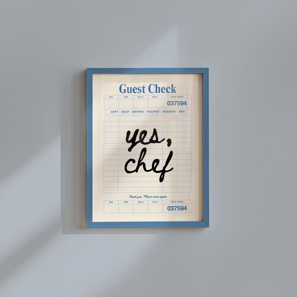 Yes Chef Guest Check Poster Vintage Restaurant Ticket Script Wall Decor Art