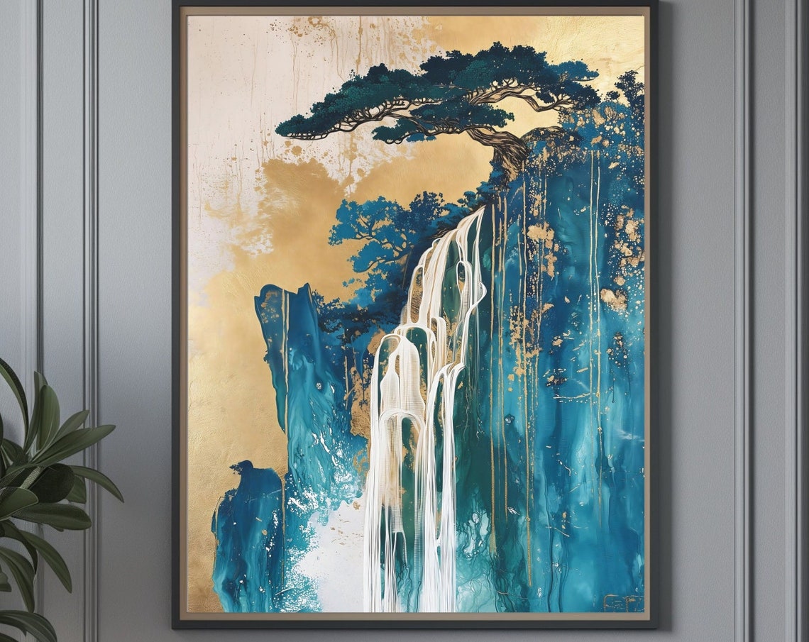 Golden Teal Japanese Waterfall Pine Tree Abstract Art Print Poster - Image 4