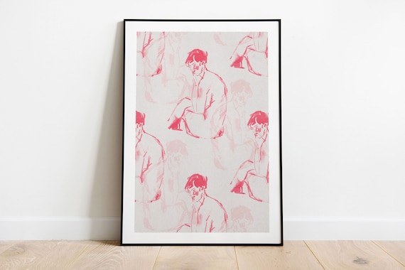 Red Line Drawing Seated Man Sketch Pattern Modern Minimalist Art Poster