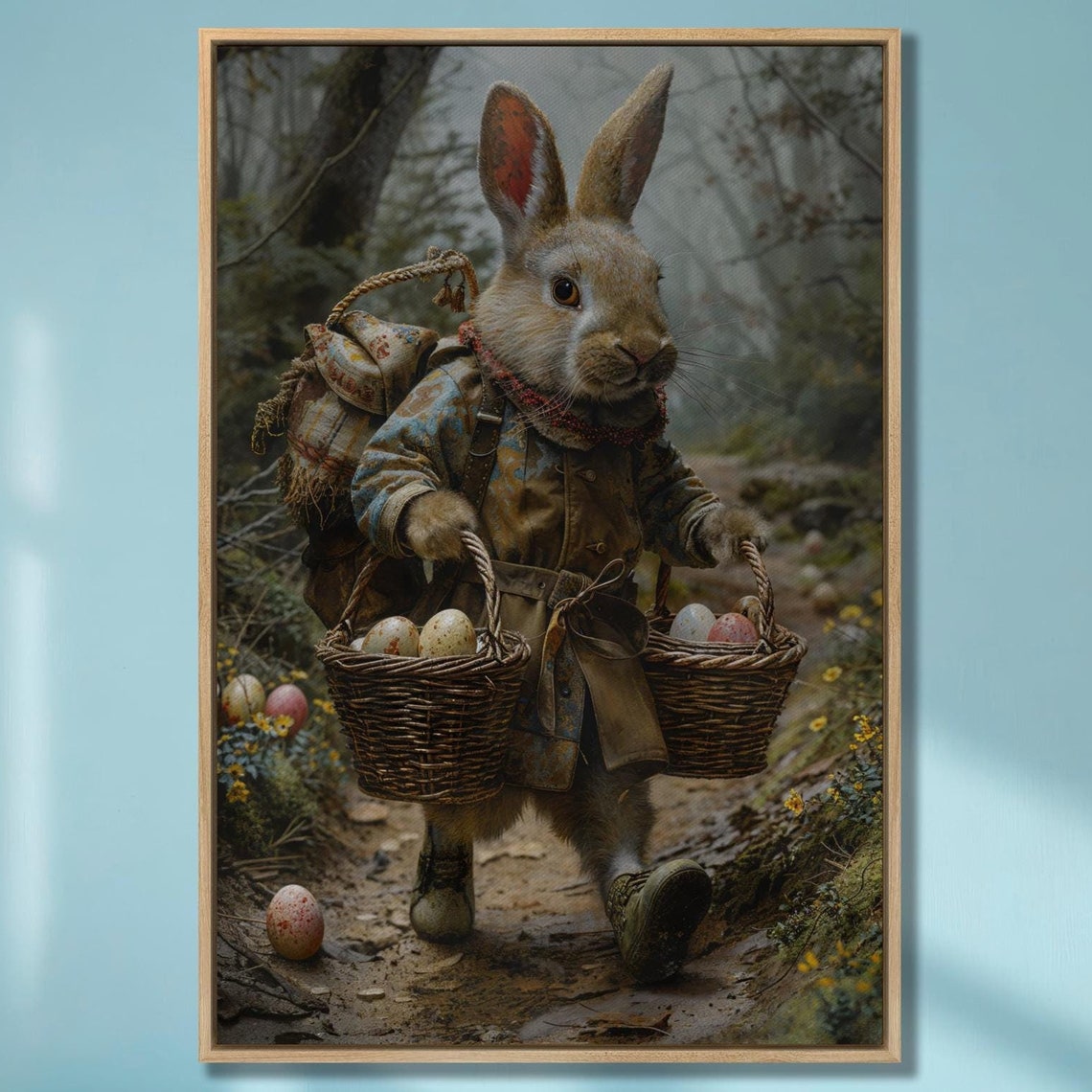 Dressed Rabbit Explorer Carrying Wicker Baskets Of Eggs Poster