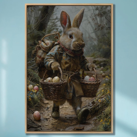 Dressed Rabbit Explorer Carrying Wicker Baskets Of Eggs Poster
