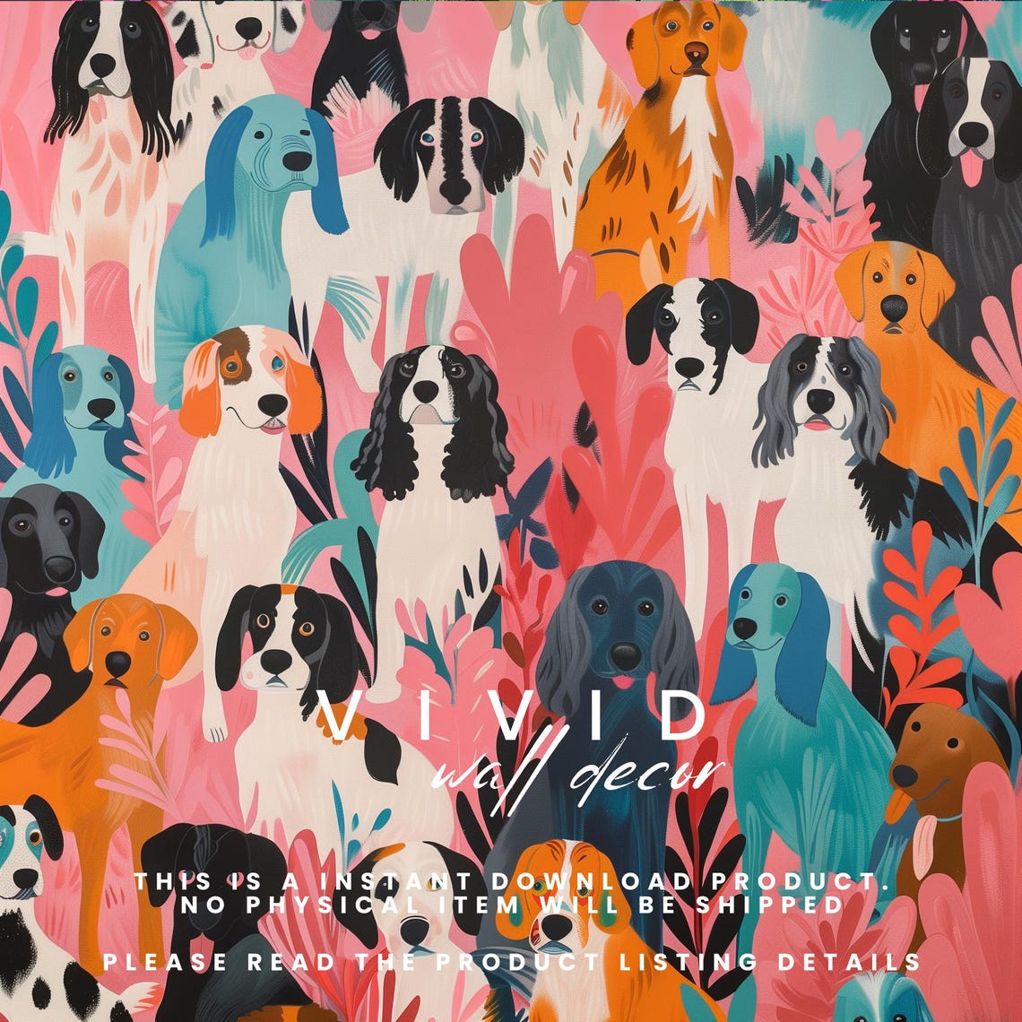 Colorful Playful Dog Crowd With Pink Tropical Background Poster - Image 2