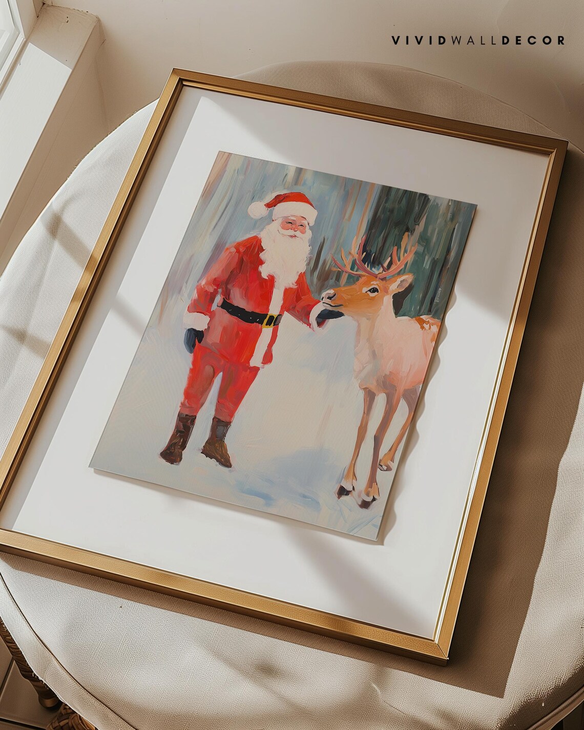 Santa Claus Petting Reindeer In Snowy Winter Wonderland Scene Poster - Image 3
