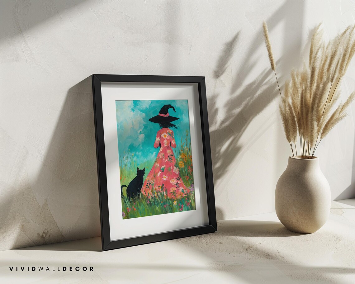 Floral Witch And Black Cat In A Wildflower Meadow Whimsical Halloween Poster - Image 3