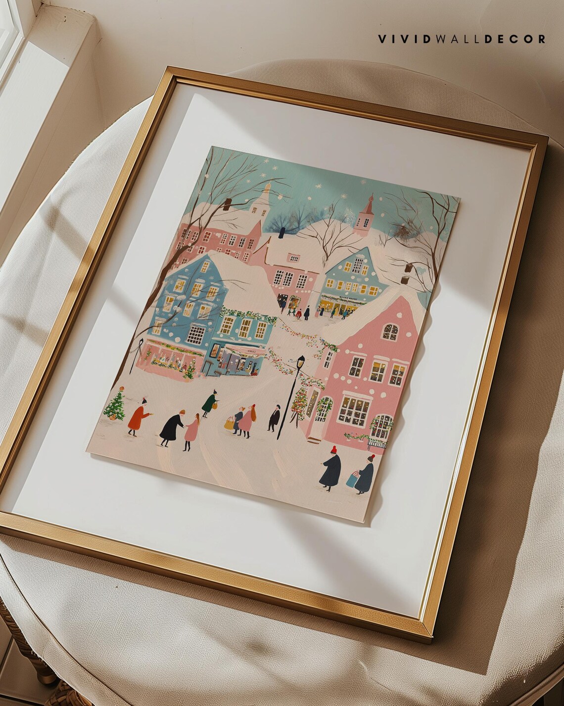 Whimsical Snowy Christmas Village With Pastel Houses Scene Poster - Image 3