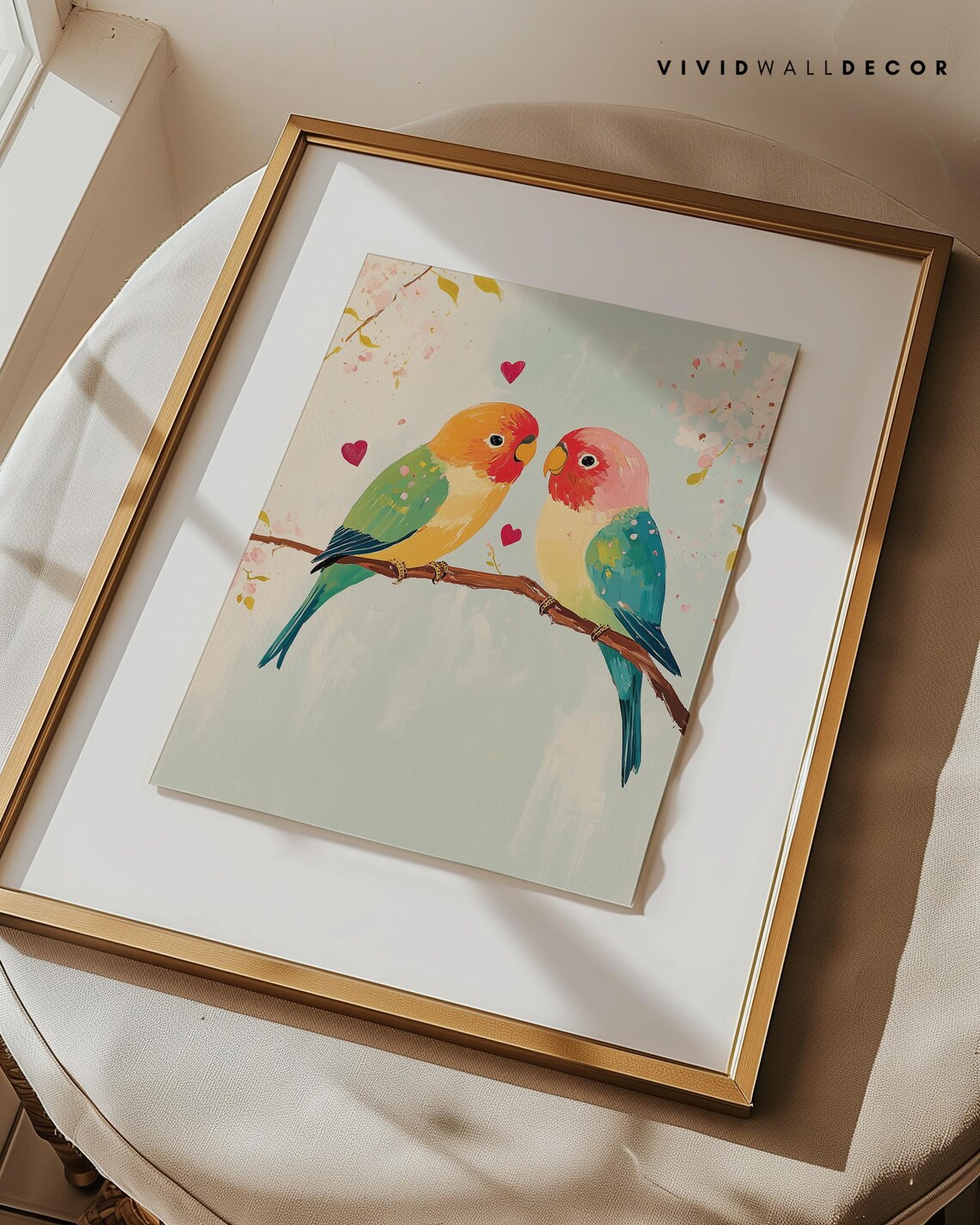 Colorful Lovebirds Pair Cherry Blossom Romantic Valentine Poster - Image 3