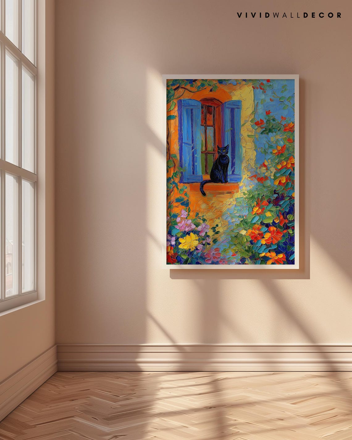 Black Cat on Mediterranean Window with Colorful Flowers Art Poster - Image 4