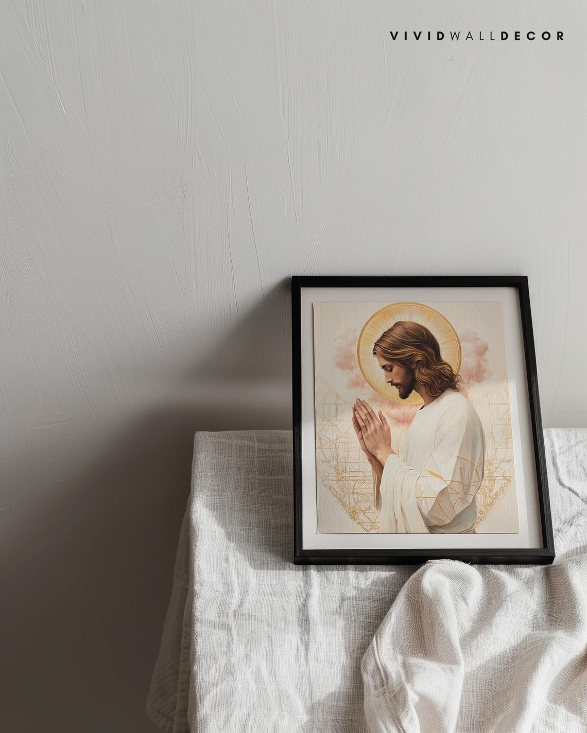 Jesus in Prayer With Halo Hands Folded Devotional Art Poster - Image 3