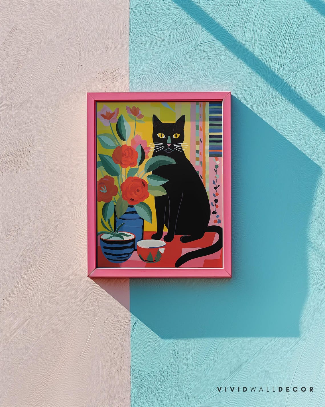 Bold Folk Art Black Cat with Red Roses Blue Vase Colorful Poster - Image 2
