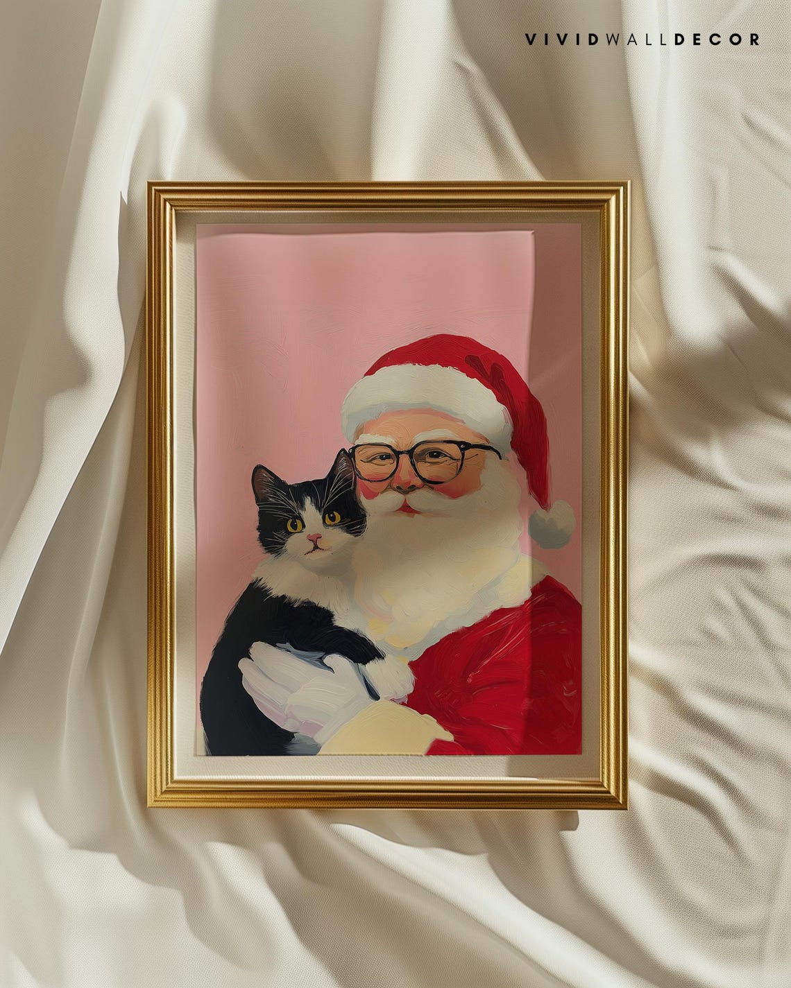 Santa Holding Black Cat Art Poster Pink Christmas Holiday Wall Decor - Image 2