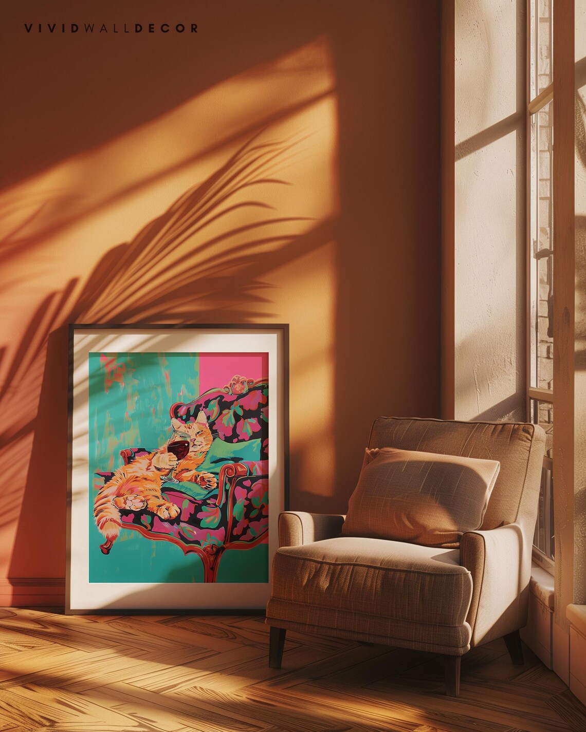 Lounging Ginger Cat With Red Wine On A Velvet Chaise Pop Art Poster - Image 2
