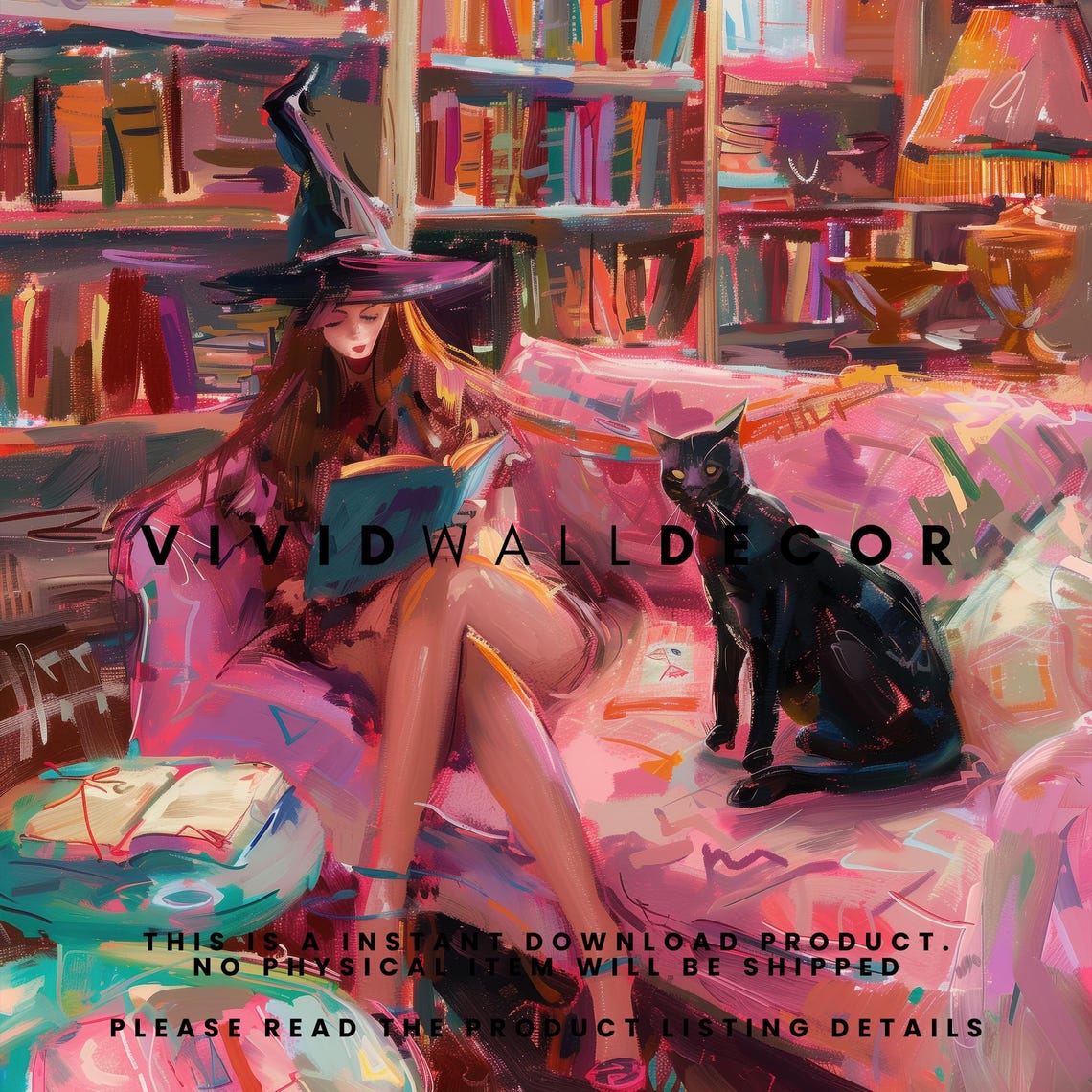 Witch Reading In A Pink Library With Black Cat Cozy Halloween Poster - Image 2