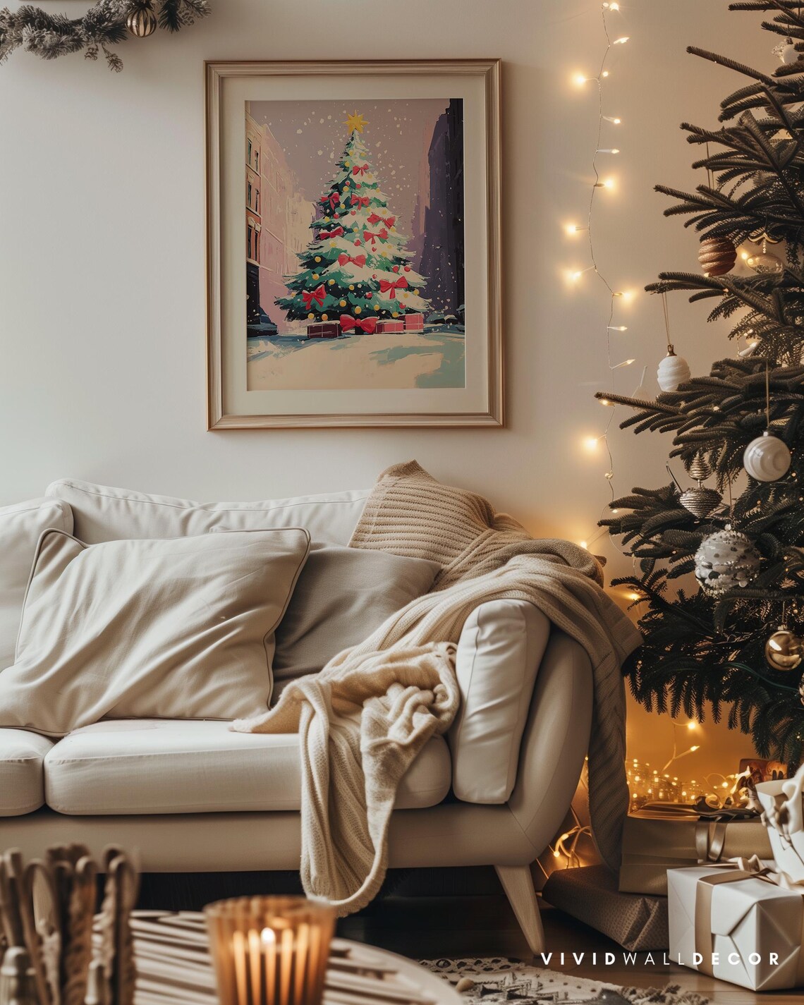 Snowy City Christmas Tree With Big Red Bows Winter Night Poster - Image 4