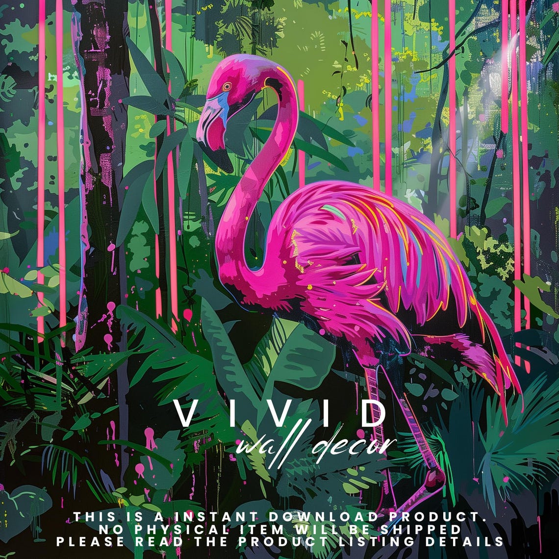 Neon Pink Flamingo in a Lush Tropical Jungle Maximalist Poster - Image 2