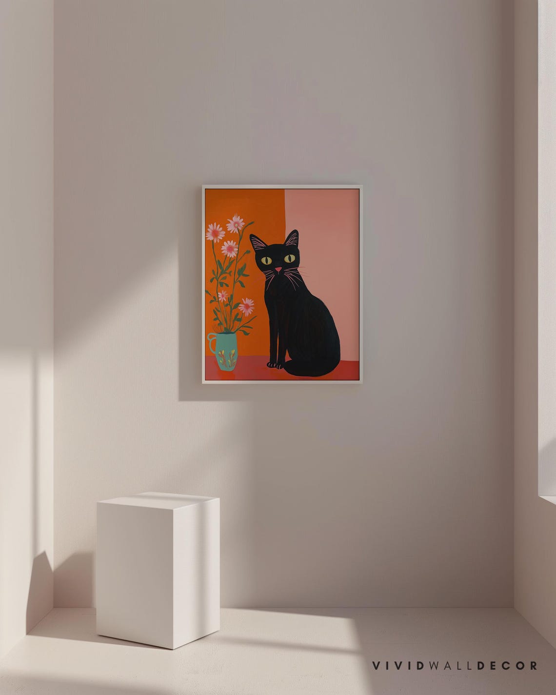Black Cat with Pink Daisies on Warm Orange Botanical Art Poster - Image 3