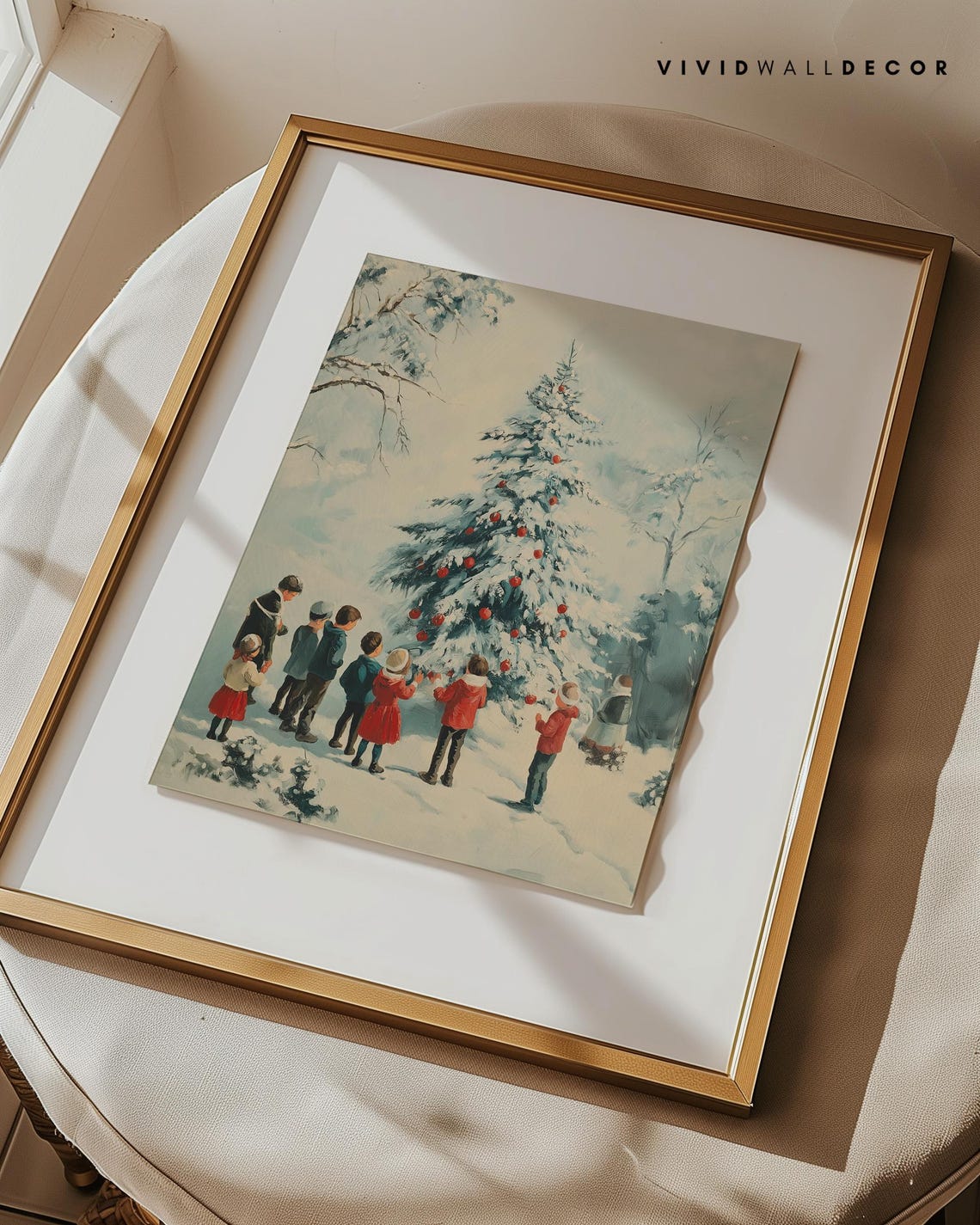 Vintage Style Kids Decorating A Tall Snowy Christmas Tree Poster - Image 3