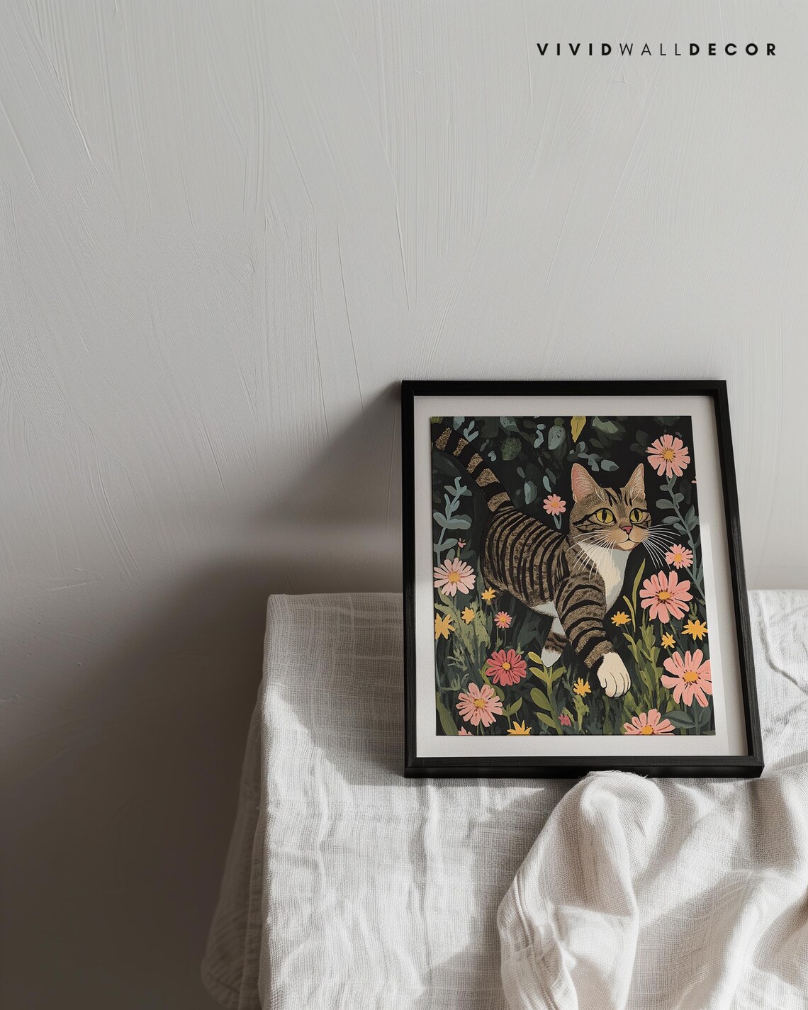 Wide-Eyed Tabby Cat Prowling Among Flowers Botanical Art Poster - Image 3