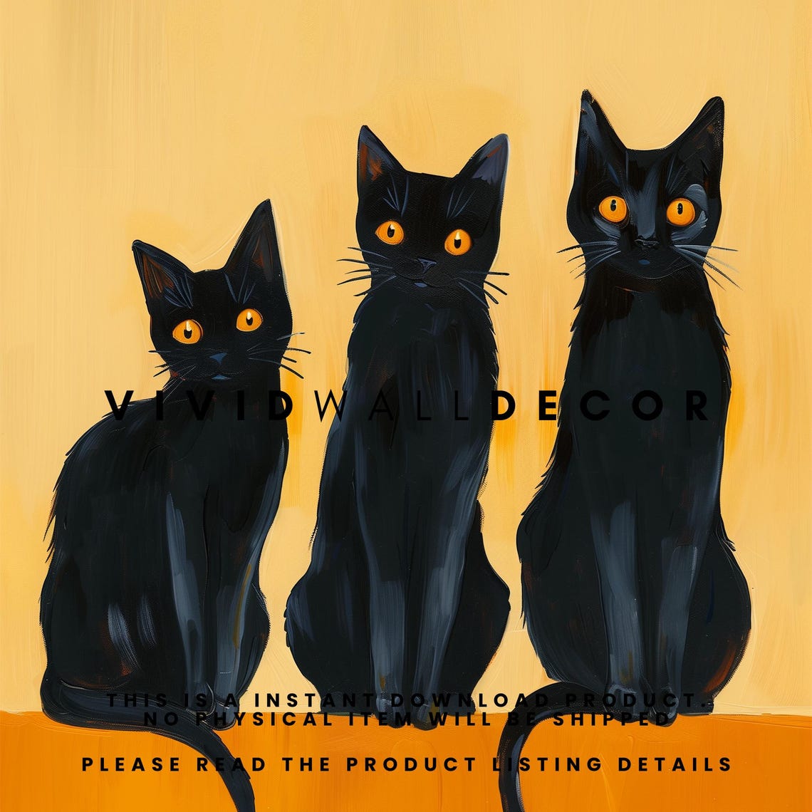 Three Black Cats Mustard Background Whimsical Feline Art Poster - Image 2