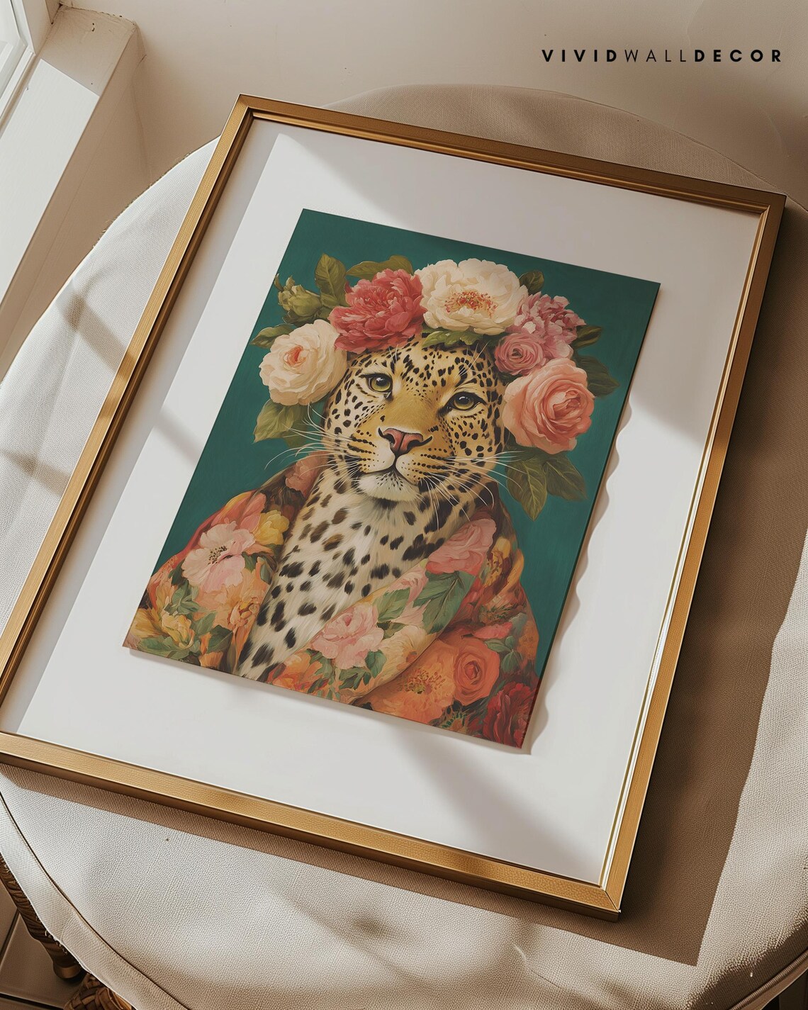 Regal Leopard Wearing a Crown of Pink Roses Whimsical Art Poster - Image 4