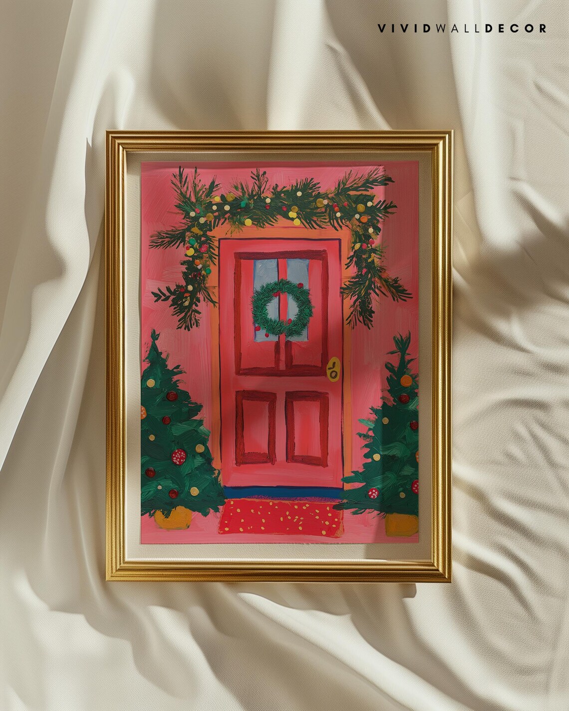 Pink Front Door With Christmas Garland And Whimsical Art Poster - Image 2